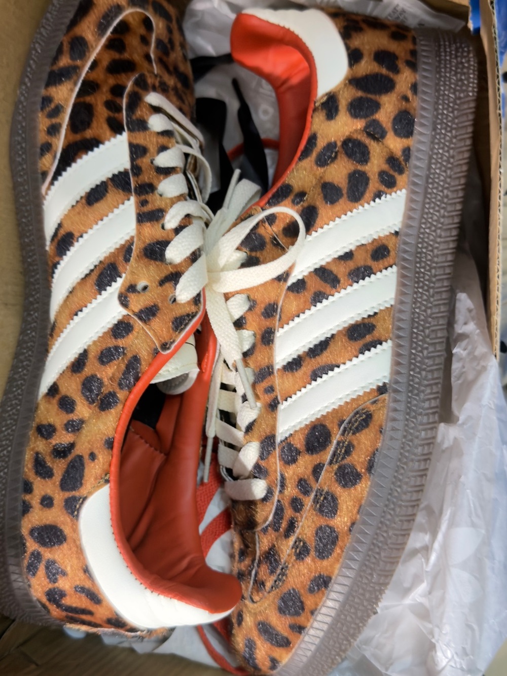 adidas Leopard Print Athletic Shoes with White Stripes and Orange Lining